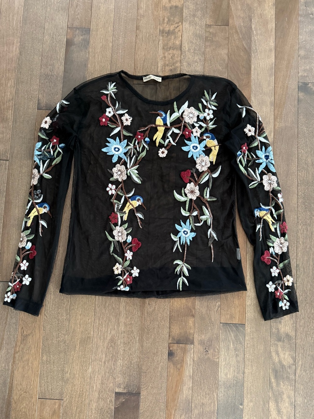 ZARA Woman – Sheer Floral & Hummingbird Embroidered Mesh Top (Black, Size M)